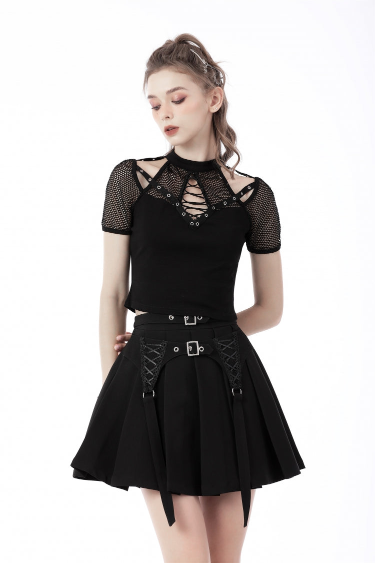 Black Double Buckled Women's Punk Pleated Skirt - Product - 6