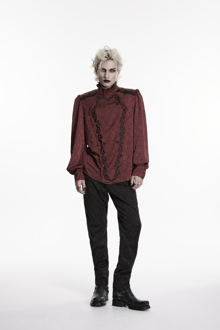 Red Stand Collar Long Lantern Sleeves Jacquard Embroidered  Men's Gothic Palace Shirt with Detachable Tie - Product - 9