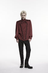 Red Stand Collar Long Lantern Sleeves Jacquard Embroidered  Men's Gothic Palace Shirt with Detachable Tie - Product - 9