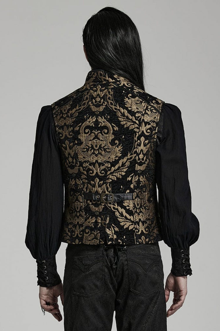 Men's Stand Collar Jacquard Print Stitching Metal Ring Decoration Gothic Vest 2 Colors - Product - 3