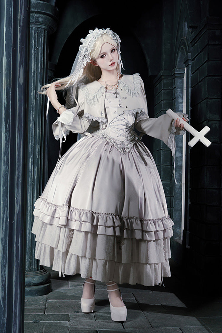Solid Color [Bionic Doll] Square Collar Multi-Layered Ruffle Bowknot Lace-Up Gothic Lolita Long Skirt Corset Set - Product - 5