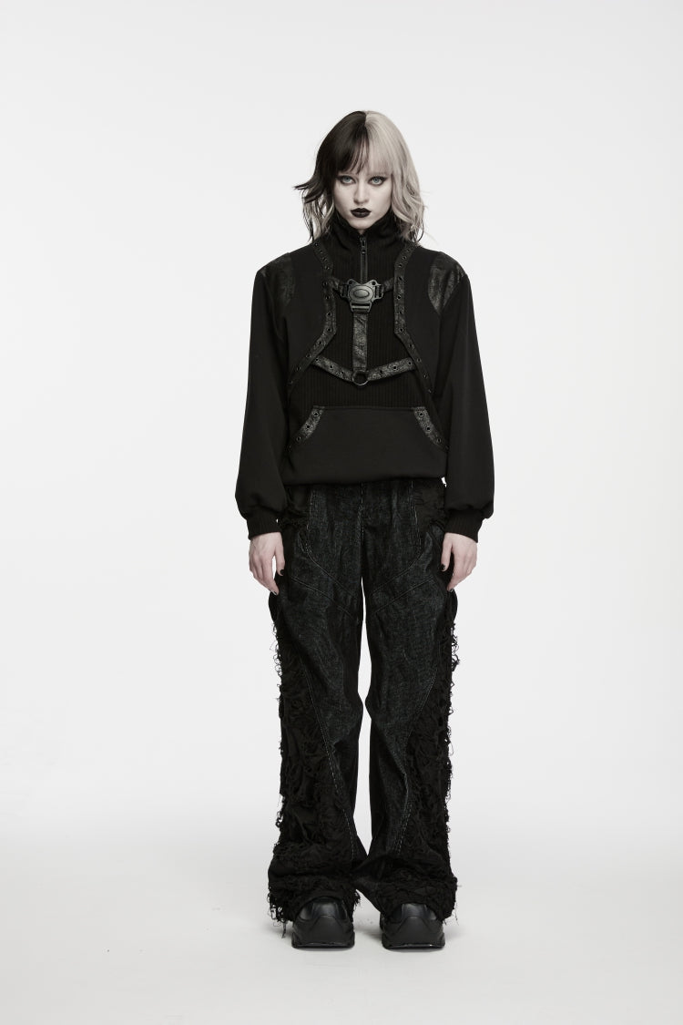 Black Stand Collar Long Sleeves Cut-Out Patchwork Eyelet Women's Punk Coat - Product - 2