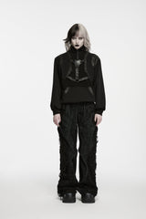 Black Stand Collar Long Sleeves Cut-Out Patchwork Eyelet Women's Punk Coat - Product - 2