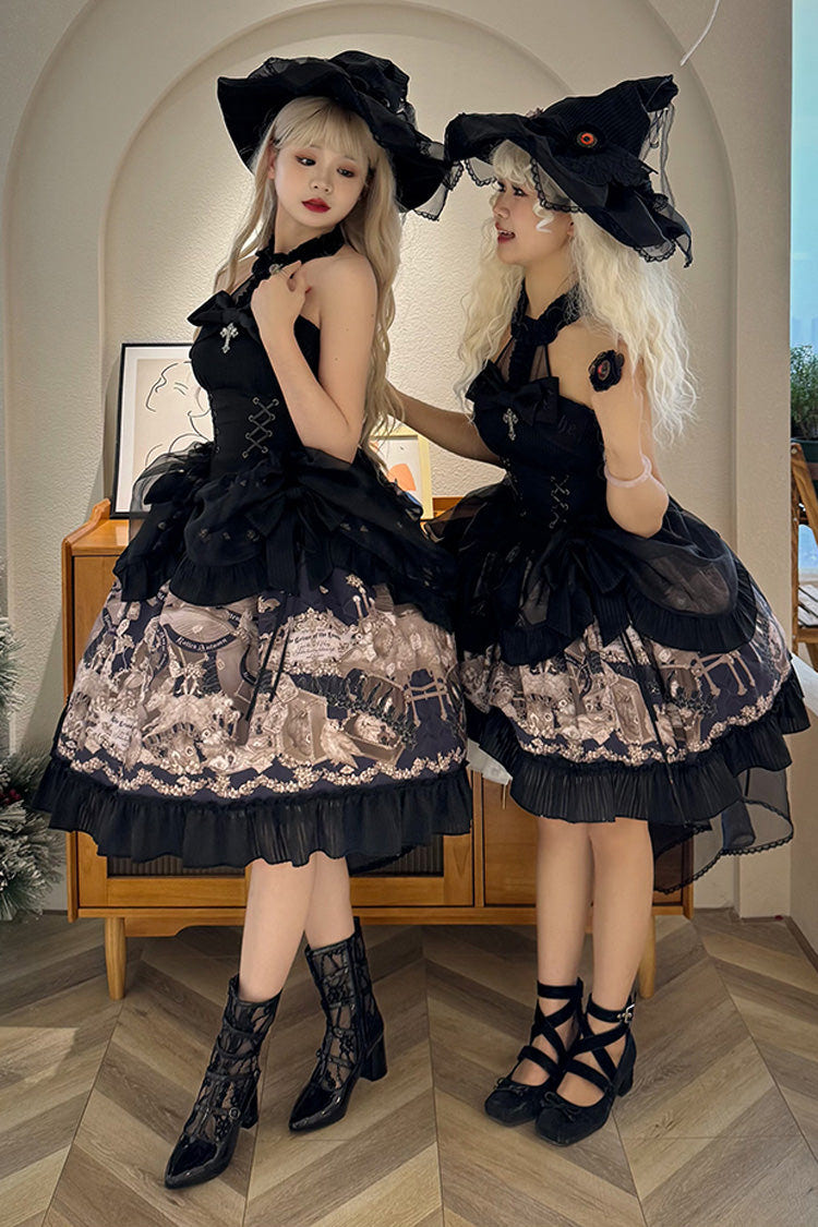 Black [The Mystery of The Doll] Halterneck Print Ruffle Bowknot Drawstring Gothic Lolita Dress - Product - 2