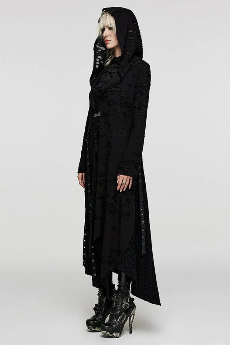 Black Ripped Mesh Stitching Irregular Hooded Womens Steampunk Coat - Product - 3
