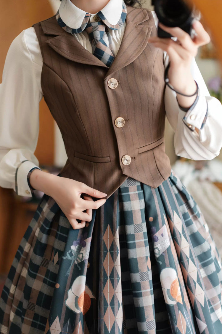 Brown V Collar Printed Classic Vintage College Style Ouji Lolita Vest - Product - 3