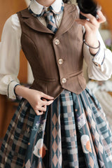 Brown V Collar Printed Classic Vintage College Style Ouji Lolita Vest - Product - 3