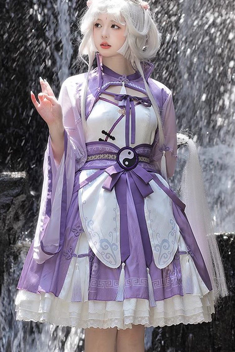 Multi-layer Little Taoist Priest Print Ruffle Sweet Chinese Style Lolita Jsk Dress 2 Colors - Purple - 1