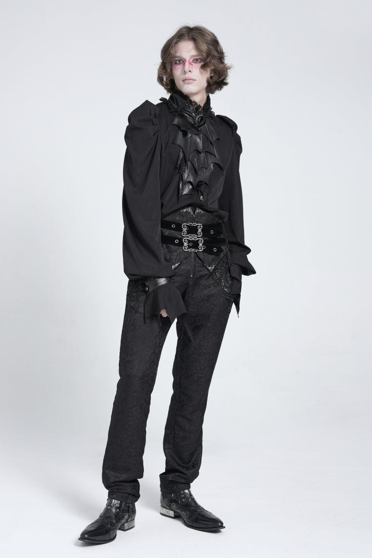 Black Stand Collar Long Puff Sleeves Men's Gothic Batlike Blouse - Product - 8