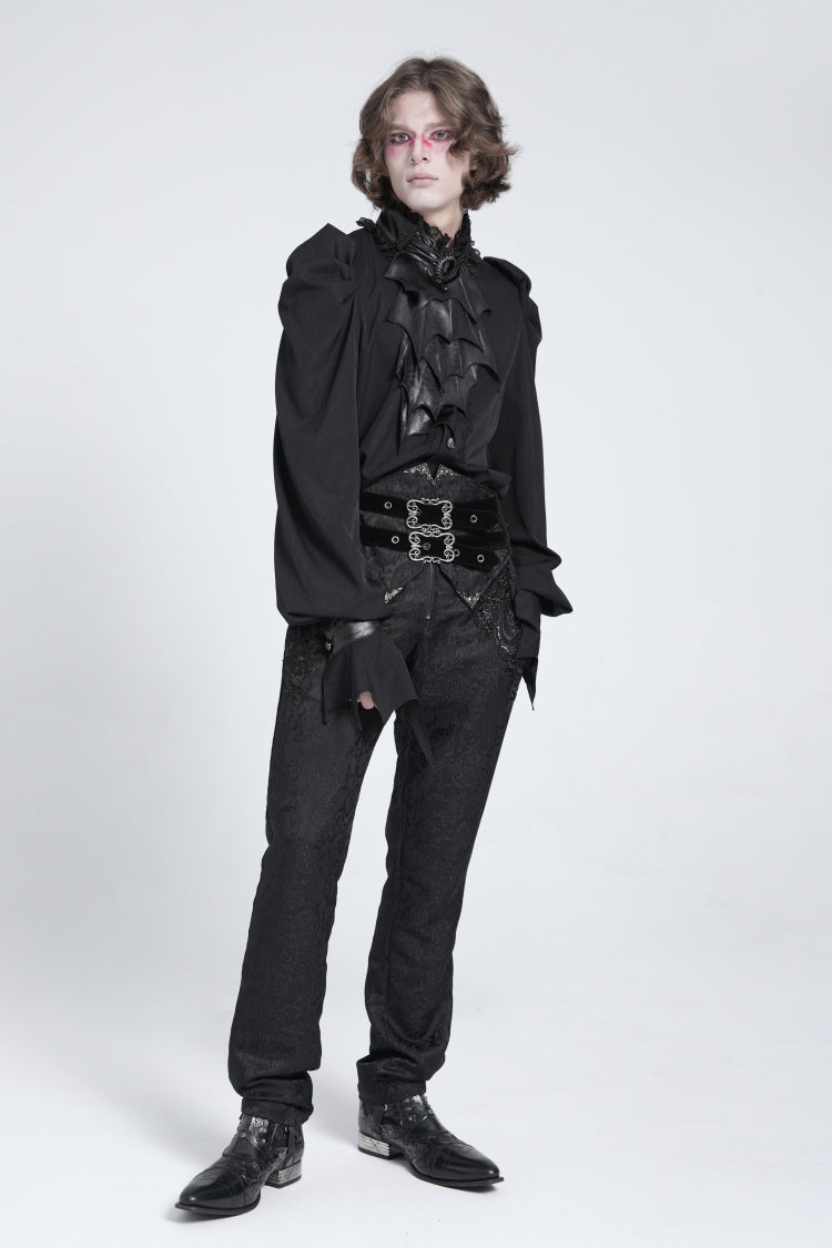 Black Stand Collar Long Puff Sleeves Men's Gothic Batlike Blouse - Product - 8