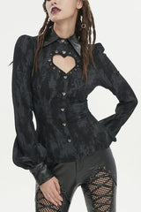 Black Leather lapel Heart Cutout Puff Sleeved Women's Gothic Shirt - Black - 1