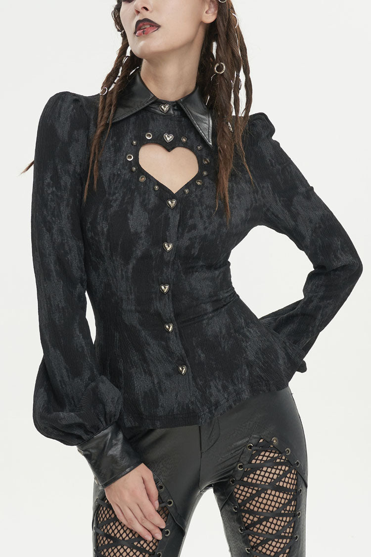 Black Leather lapel Heart Cutout Puff Sleeved Women's Gothic Shirt - Black - 1