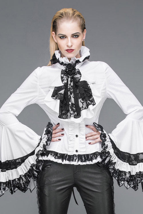 White VintageTrumpet Sleeves Back Bandage Womens Gothic Blouse - Product - 2