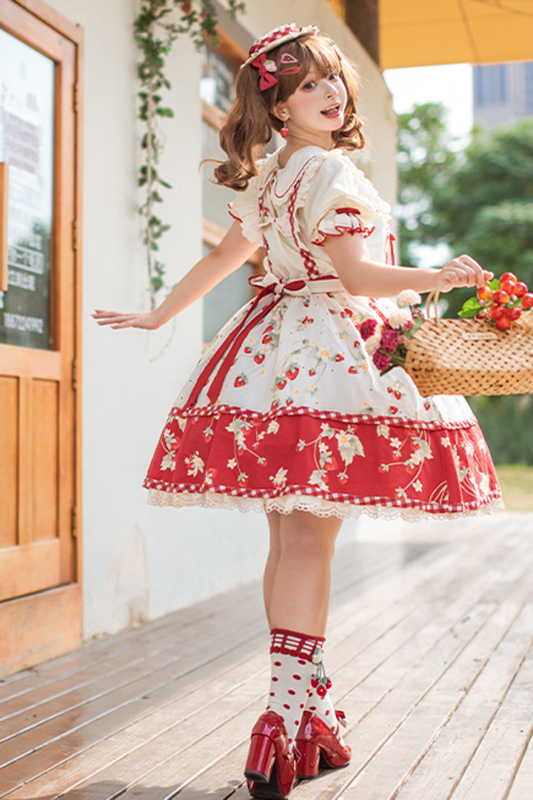 Red/White Strawberry Orchard Print Ruffle Detachable Sweet Lolita Strap Dress - Product - 4