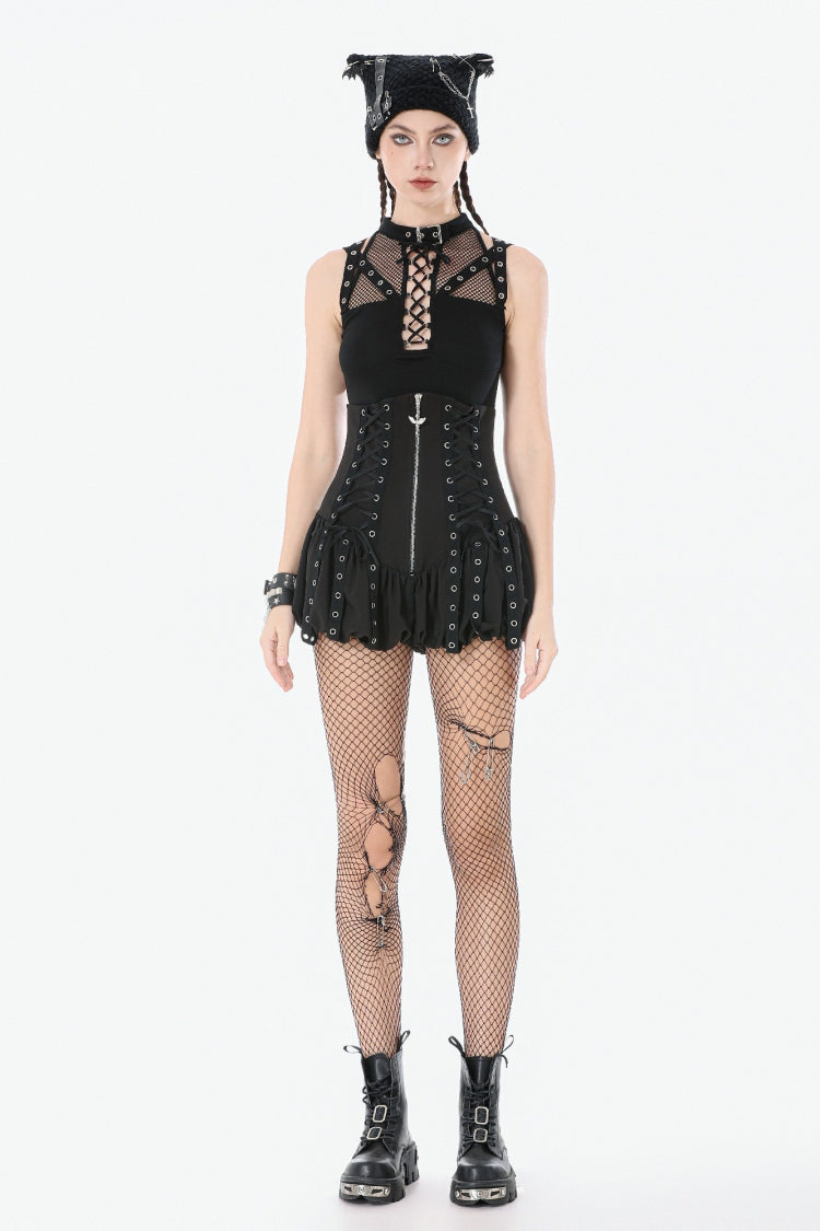 Black Women's Punk Halter Cut-Out Lace-Up Eyelet Strap Mesh Splice Tank Top - Product - 8