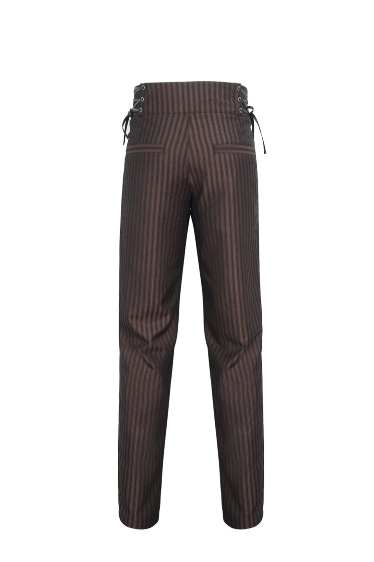 Brown High Waisted Lace-Up Striped Men's Gothic Pants - Product - 7