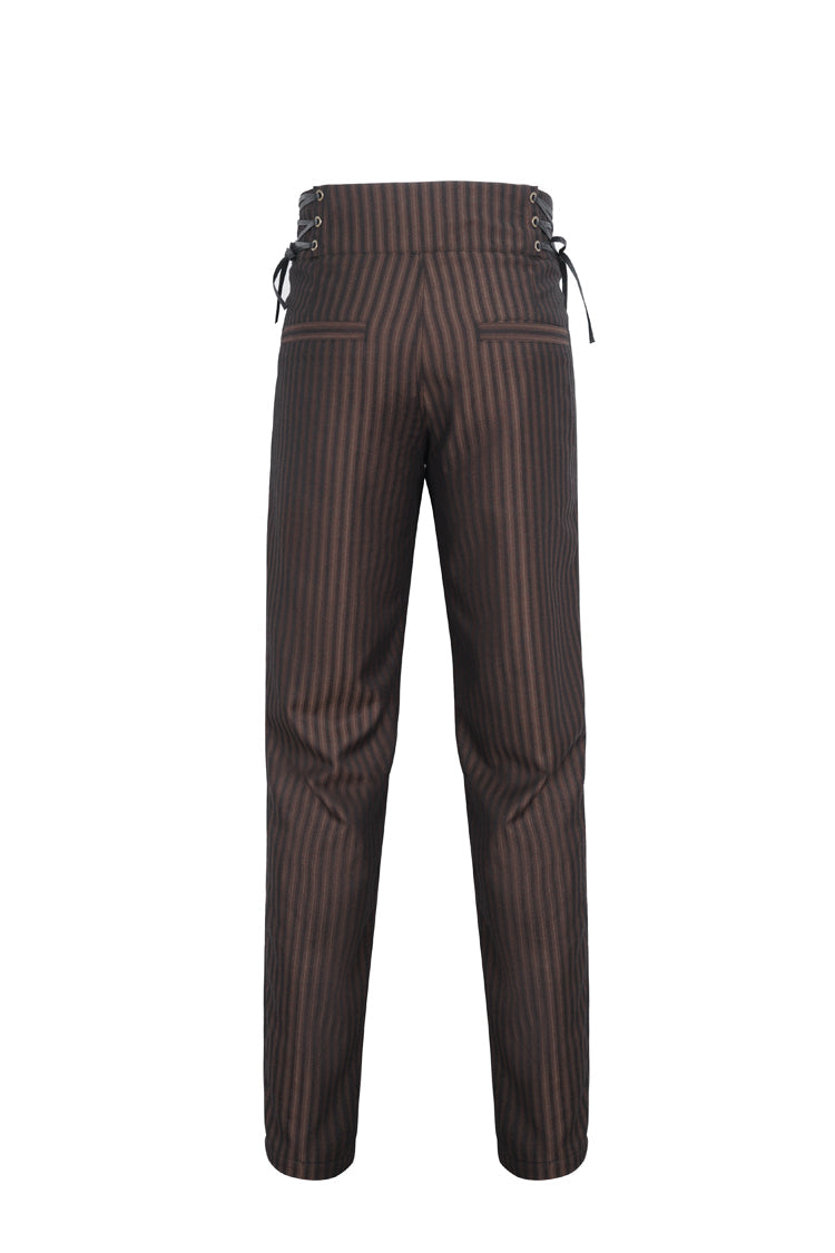 Brown High Waisted Lace-Up Striped Men's Gothic Pants - Product - 7