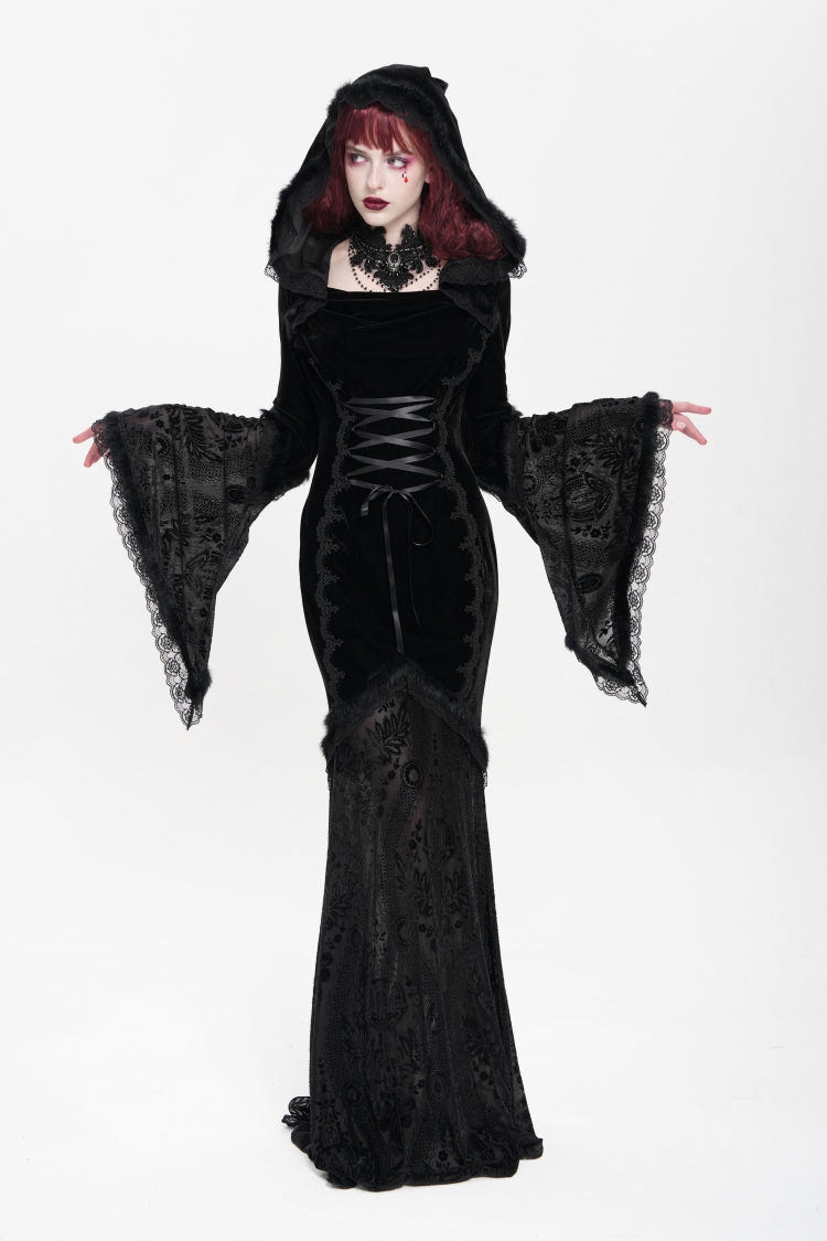 Black Long Trumpet Sleeves Embroidery Stitching Lace Hooded Mesh Women's Gothic Dress - Product - 4