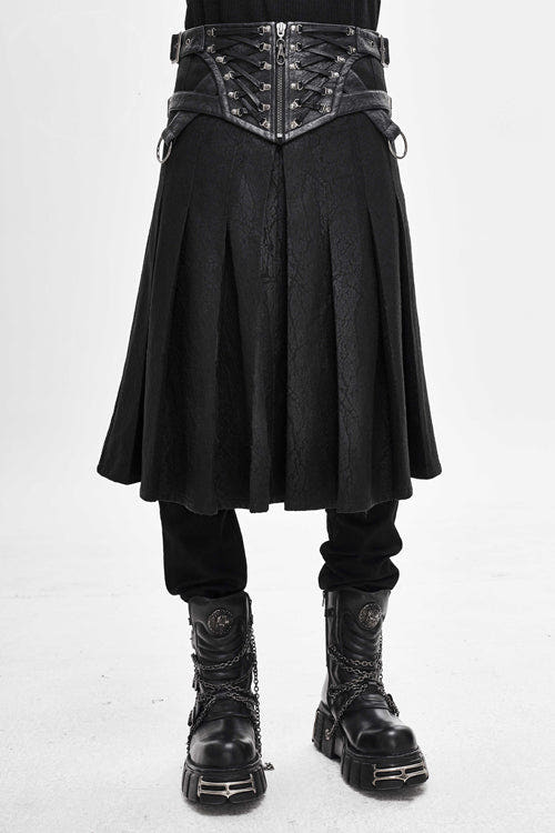 Black Punk Metallic Mist Textured Leather Waistband Grain Pleated Mens Kilts - Black - 1