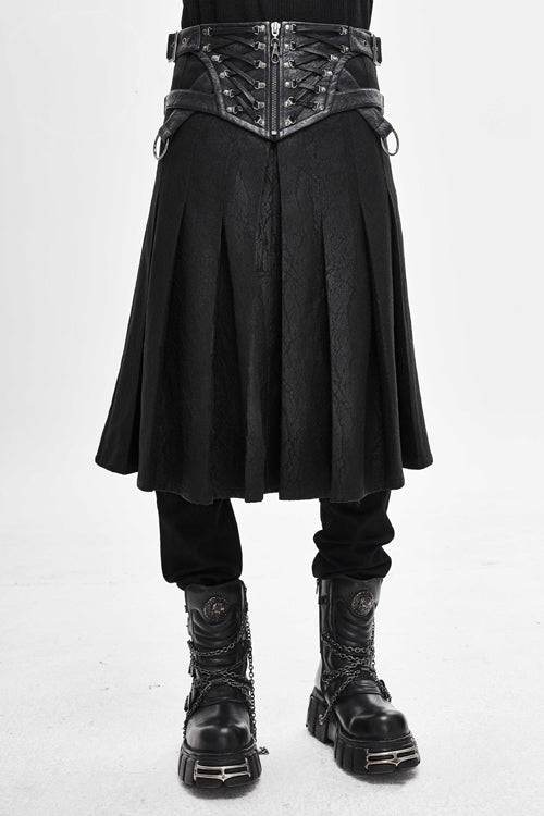 Black Punk Metallic Mist Textured Leather Waistband Grain Pleated Mens Kilts - Black - 1