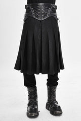 Black Punk Metallic Mist Textured Leather Waistband Grain Pleated Mens Kilts - Black - 1