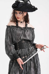 Grey Buckle-up Halterneck Long Sleeves Women's Gothic Blouse - Product - 7