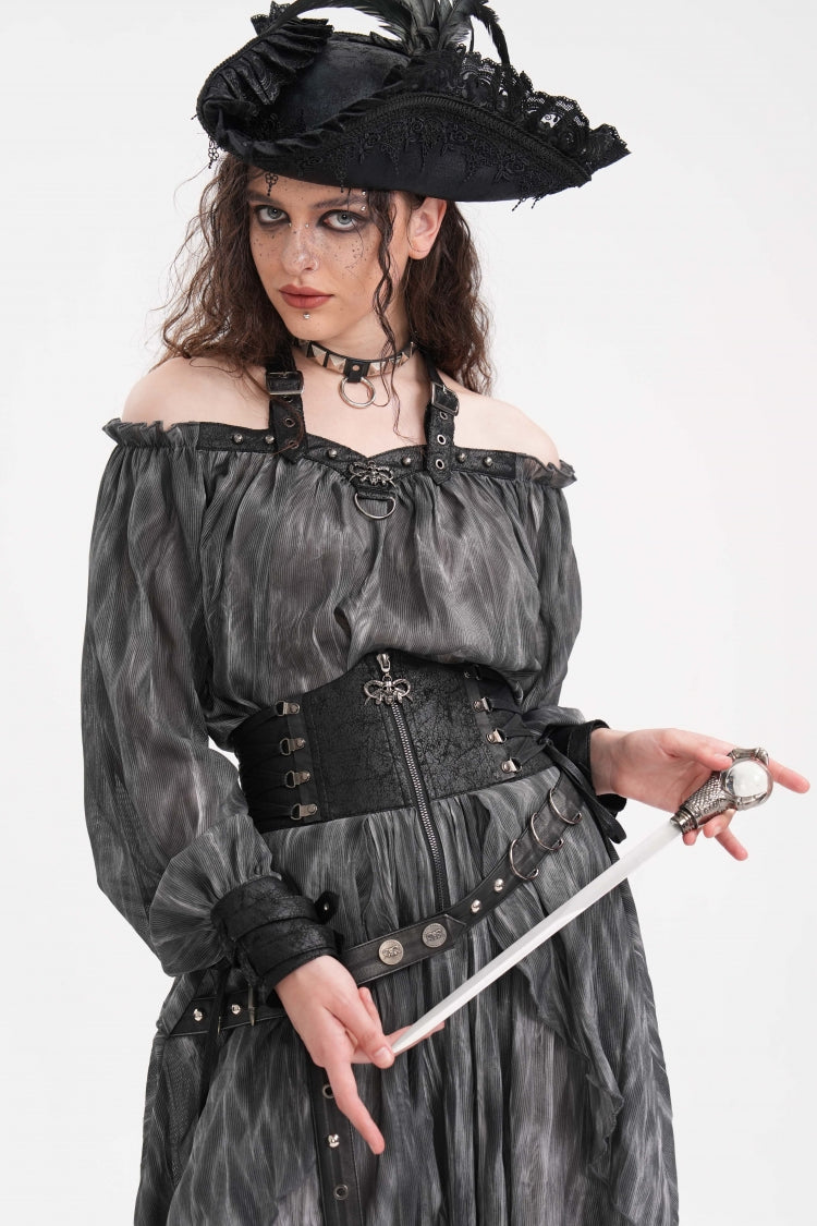 Grey Buckle-up Halterneck Long Sleeves Women's Gothic Blouse - Product - 7