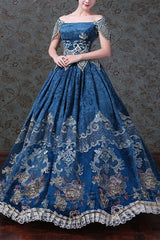Blue Boat Neck Off-The-Shoulder High Waisted Embroidery Floral Print Victorian Lolita Prom Dress - Product - 1