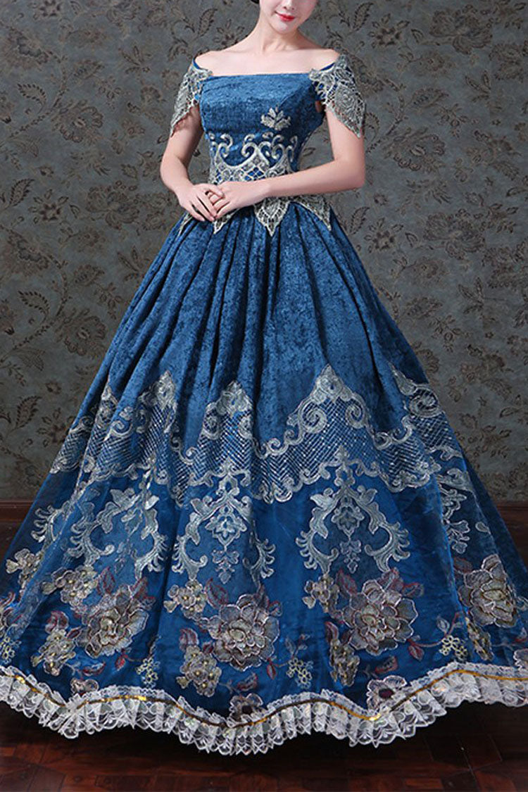 Blue Boat Neck Off-The-Shoulder High Waisted Embroidery Floral Print Victorian Lolita Prom Dress - blue - 5