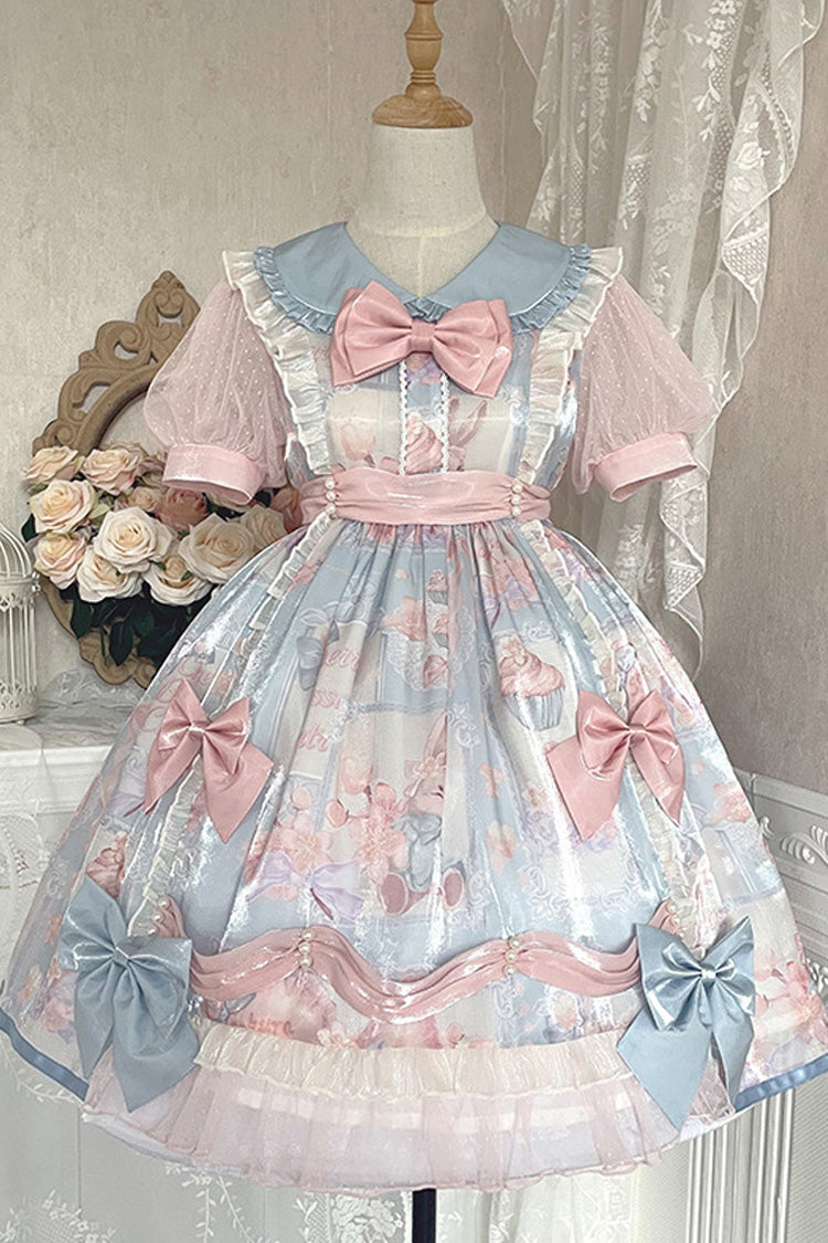 Pink/Blue Doll Collar Short Sleeves Rabbit Candy Paper Print High Waisted Sweet Lolita OP Dress - Product - 8