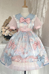 Pink/Blue Doll Collar Short Sleeves Rabbit Candy Paper Print High Waisted Sweet Lolita OP Dress - Product - 8
