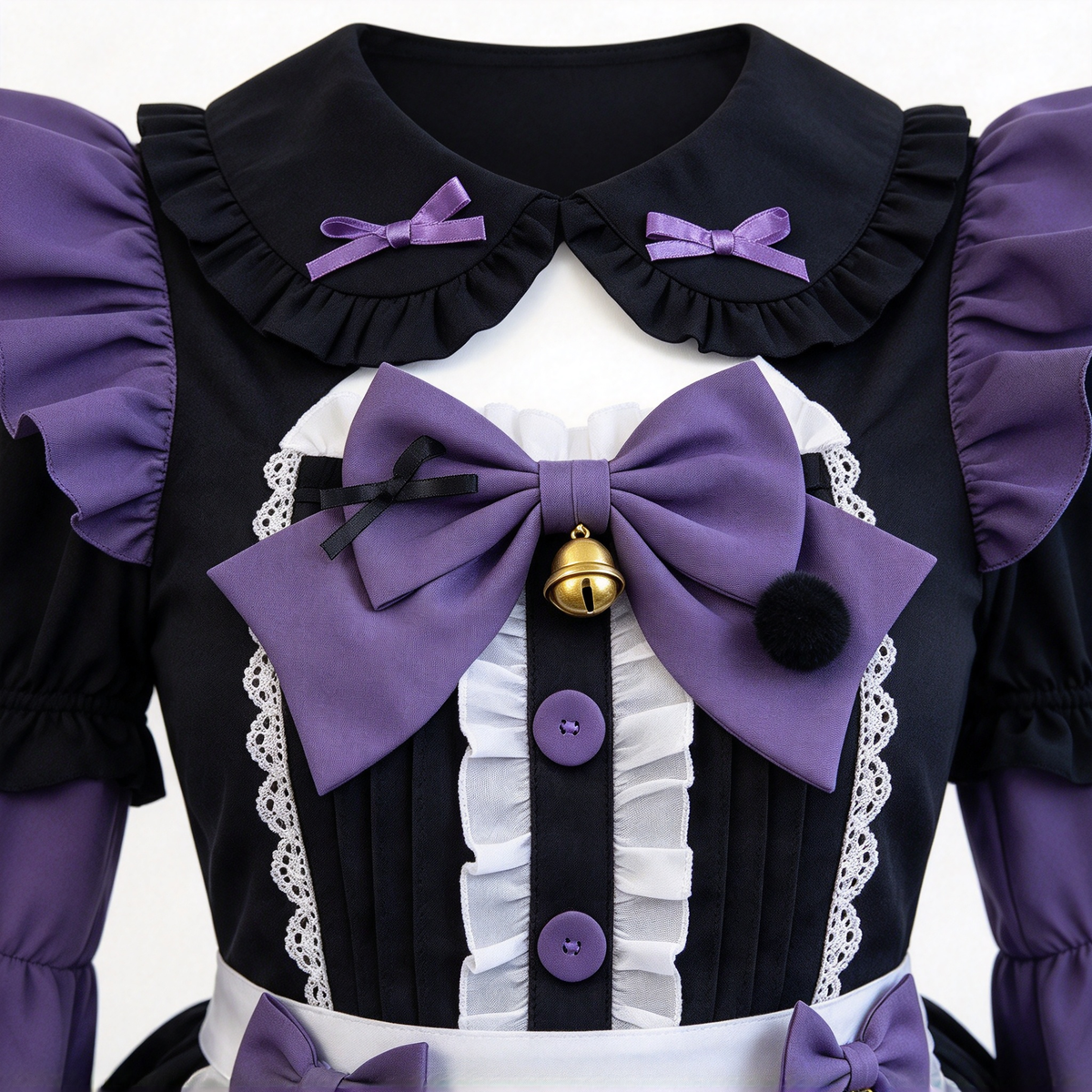 Purple and Black Lace Gothic Maid Lolita Dress Set with Bell Bows - view 2