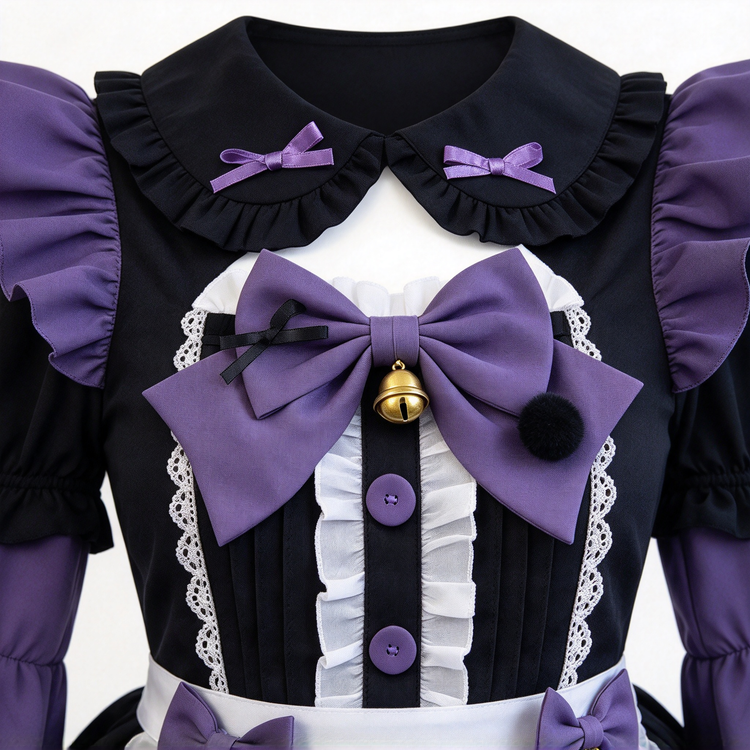 Purple and Black Lace Gothic Maid Lolita Dress Set with Bell Bows - view 2