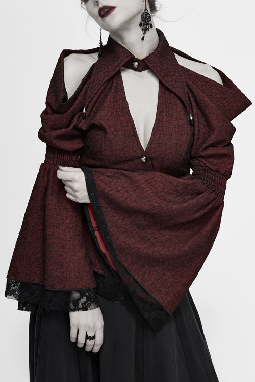 Red Off The Shoulder Trumpet Sleeves Sexy Womens Gothic Blouse - Red - 1
