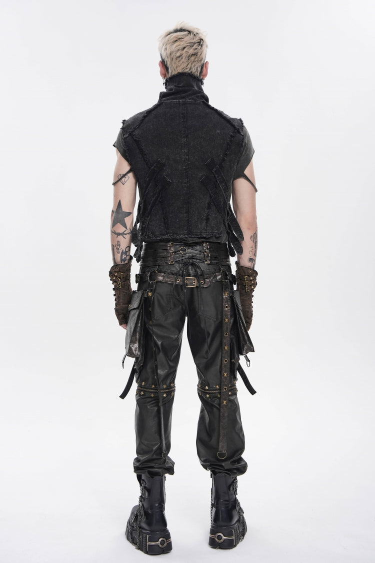Black Stand Collar Sleeveless Zippered Chain-Decorated Men's Punk Cool Unedged Vest - Product - 2