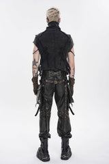 Black Stand Collar Sleeveless Zippered Chain-Decorated Men's Punk Cool Unedged Vest - Product - 2