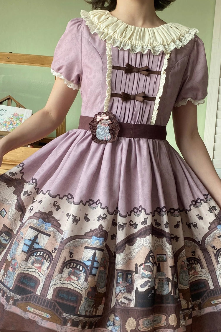Pink/Purple Short Sleeves Bear Print Bowknot Classic Lolita Dress - Product - 8
