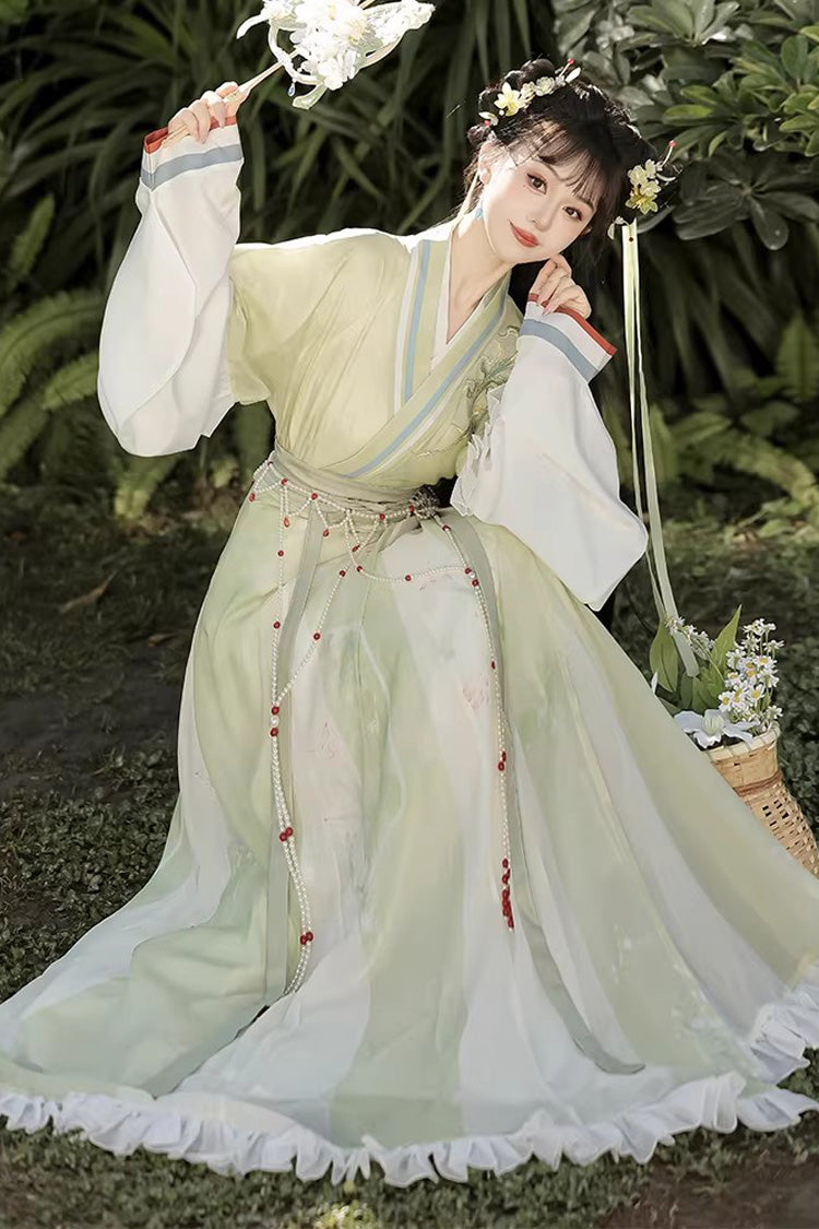 [Lily of the Valley] Long Sleeves Wei-Jin Style Ombre Printed Ruffled Embroidered Chinese Style Classic Hanfu Dress Set 3 Colors - Product - 8