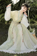 [Lily of the Valley] Long Sleeves Wei-Jin Style Ombre Printed Ruffled Embroidered Chinese Style Classic Hanfu Dress Set 3 Colors - Product - 8