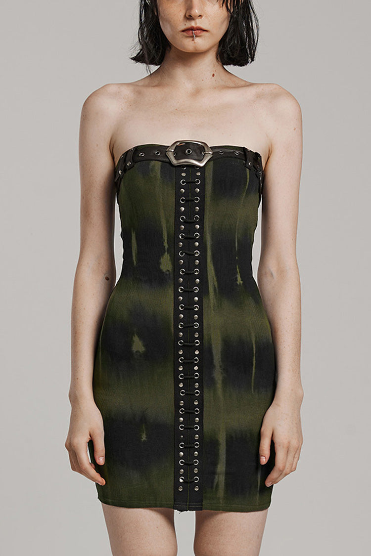 Off Shoulder Print Buckle Lace-Up Slim Women's Steampunk Strapless Dress 2 Colors - Black/Green - 9