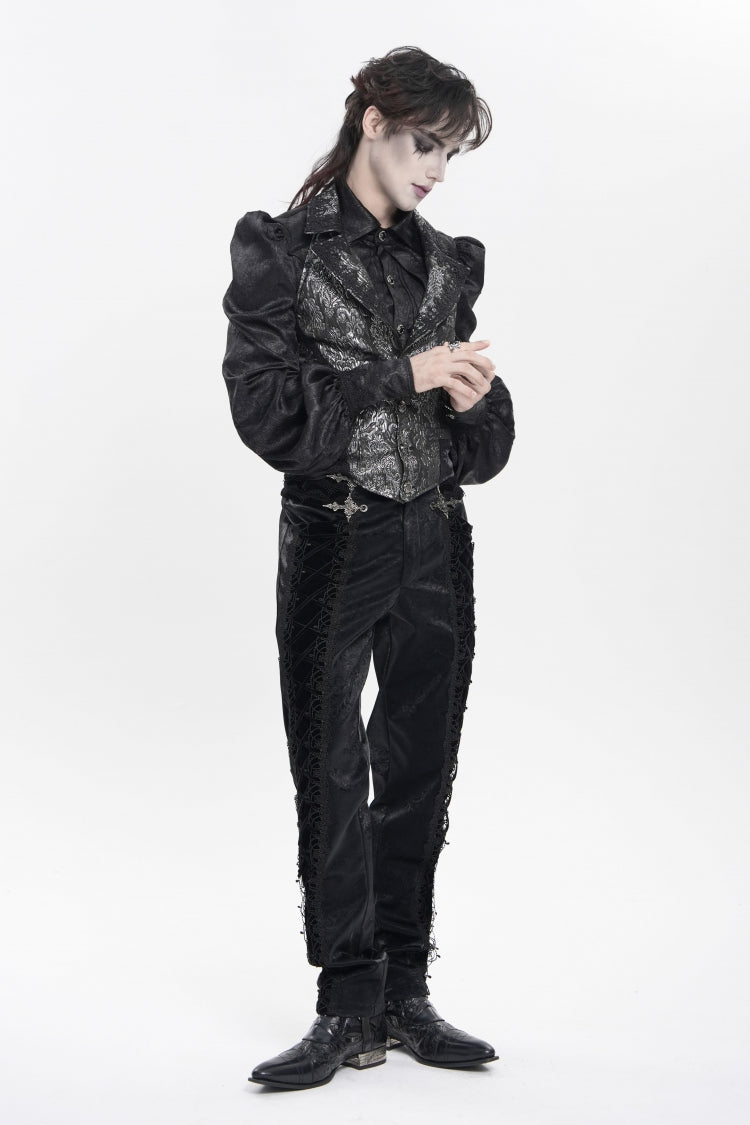 Black Printed Embroidered Spliced Lace-Up Men's Gothic Pants - Product - 10