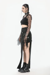 Black Women's Gothic Long Flared Sleeves Hollow-out Mesh Crop Top - Product - 10
