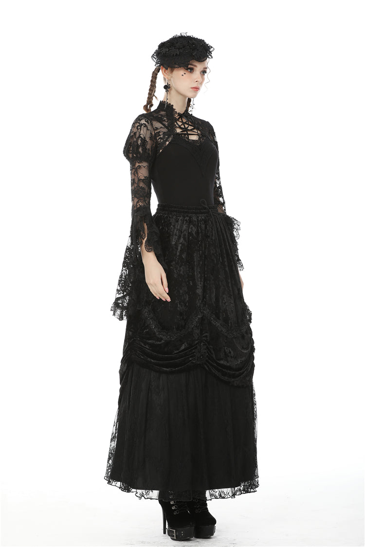 Black Long Puff Sleeves Sheer Floral Lace Lace-Up Women's Gothic Cape - Product - 2