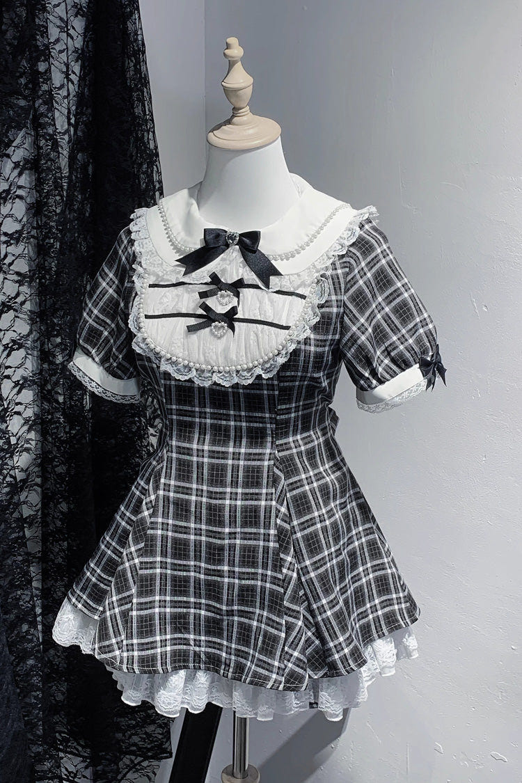 [Moonlight Whispers] Jirai Kei Rabbit Ears Doll Collar Short Sleeves Printed Ruffled Bow Lace Gothic Japanese Dress Shorts Set 2 Colors - Product - 3