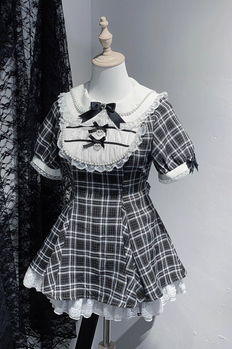 [Moonlight Whispers] Jirai Kei Rabbit Ears Doll Collar Short Sleeves Printed Ruffled Bow Lace Gothic Japanese Dress Shorts Set 2 Colors - Product - 3