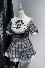 [Moonlight Whispers] Jirai Kei Rabbit Ears Doll Collar Short Sleeves Printed Ruffled Bow Lace Gothic Japanese Dress Shorts Set 2 Colors - Product - 3