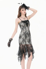Black/White Lace Floral Embroidered Lace-Up Asymmetric Hem Women's Gothic Slip Dress - Product - 5