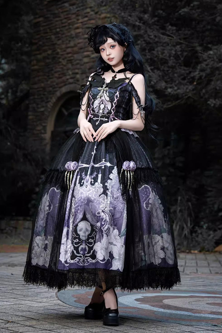 Black/Blue [Skull Magic] Print Ruffle Bowknot Gothic Elegant Lolita Skirt Two-Piece Set - Black/Blue - 1