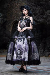 Black/Blue [Skull Magic] Print Ruffle Bowknot Gothic Elegant Lolita Skirt Two-Piece Set - Black/Blue - 1