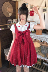 Red [Little Mushroom] Sleeveless Polka Dot Printed Ruffled Bow Sweet Lolita Jsk Dress - Product - 7